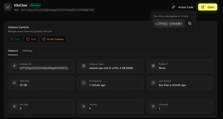 KiloClaw dashboard with basic controls
